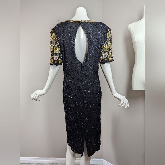 Leslie Fay Beaded Cocktail Dress Black Gold 16 Vintage Glam - Picture 8 of 10